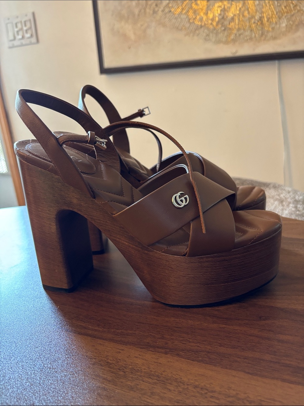 Gucci Brown Leather Platform Sandals with Wood-Effect Block Heel